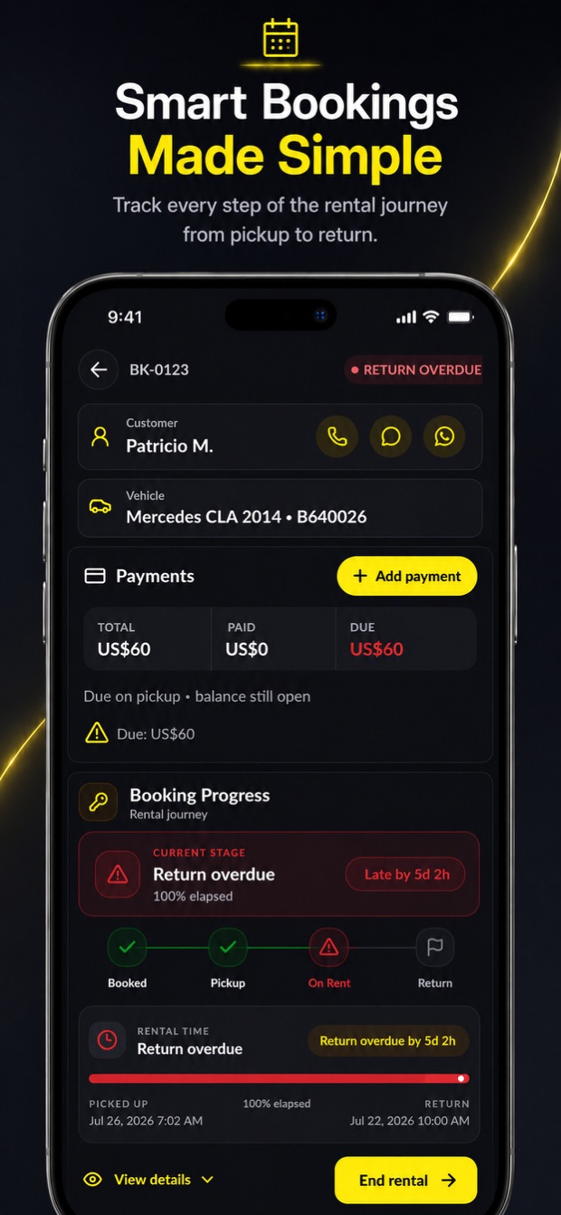 VroomOS booking record on iPhone showing the customer, rental balance, and booking progress