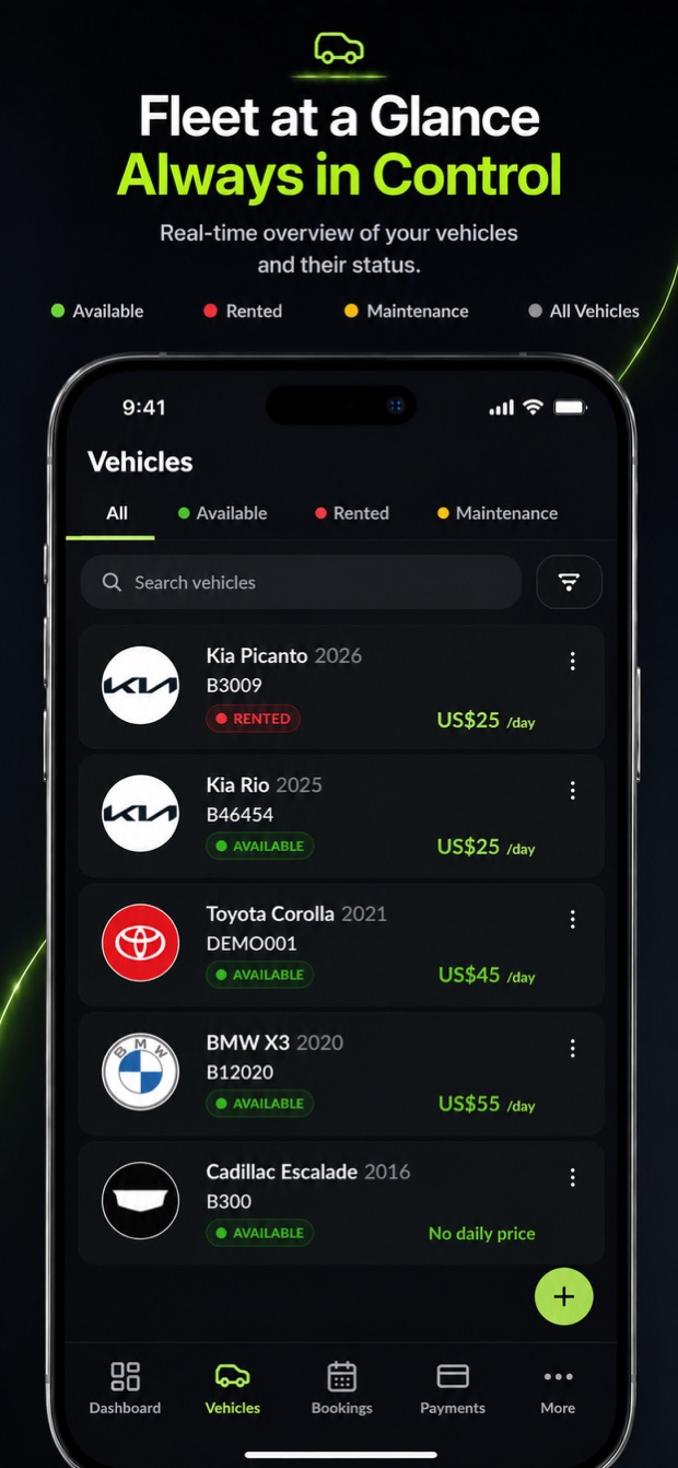 VroomOS rental fleet on iPhone with available, rented, and maintenance vehicle filters