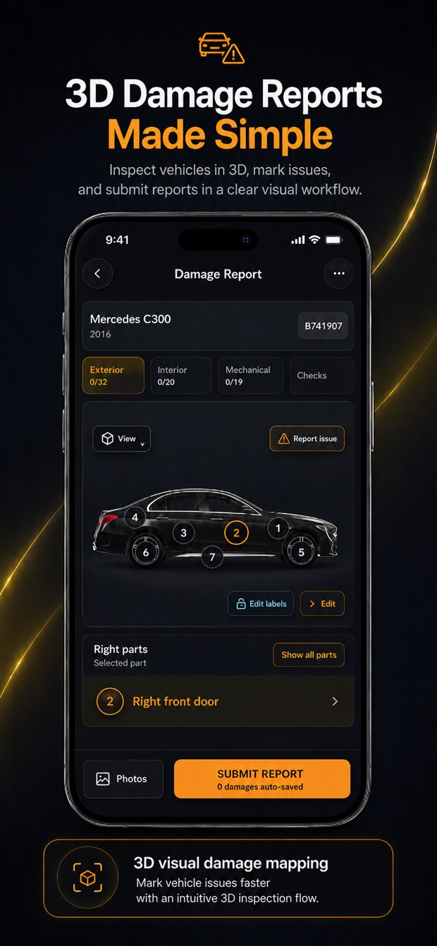 VroomOS vehicle inspection on iPhone showing the damage report and condition photos workflow